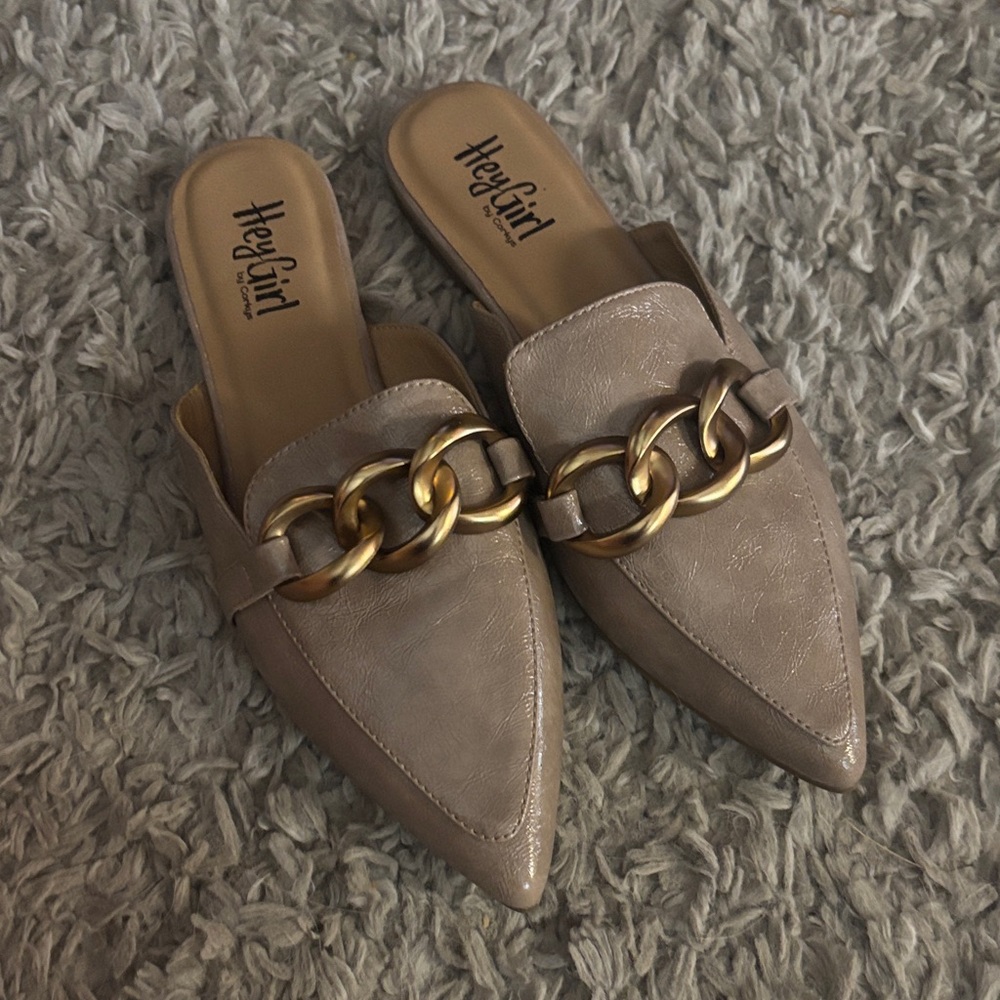 Corkys Taupe Mules with Gold Chain Accent